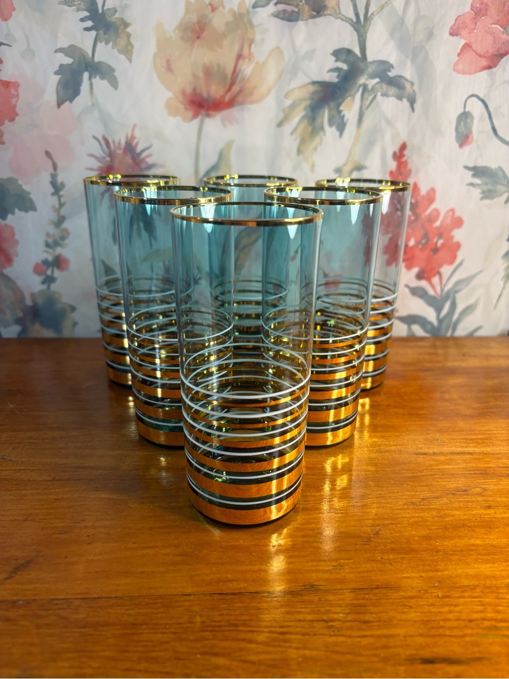 Vintage Set of 6 Blue Glass Highball Tumblers with Gold Accents